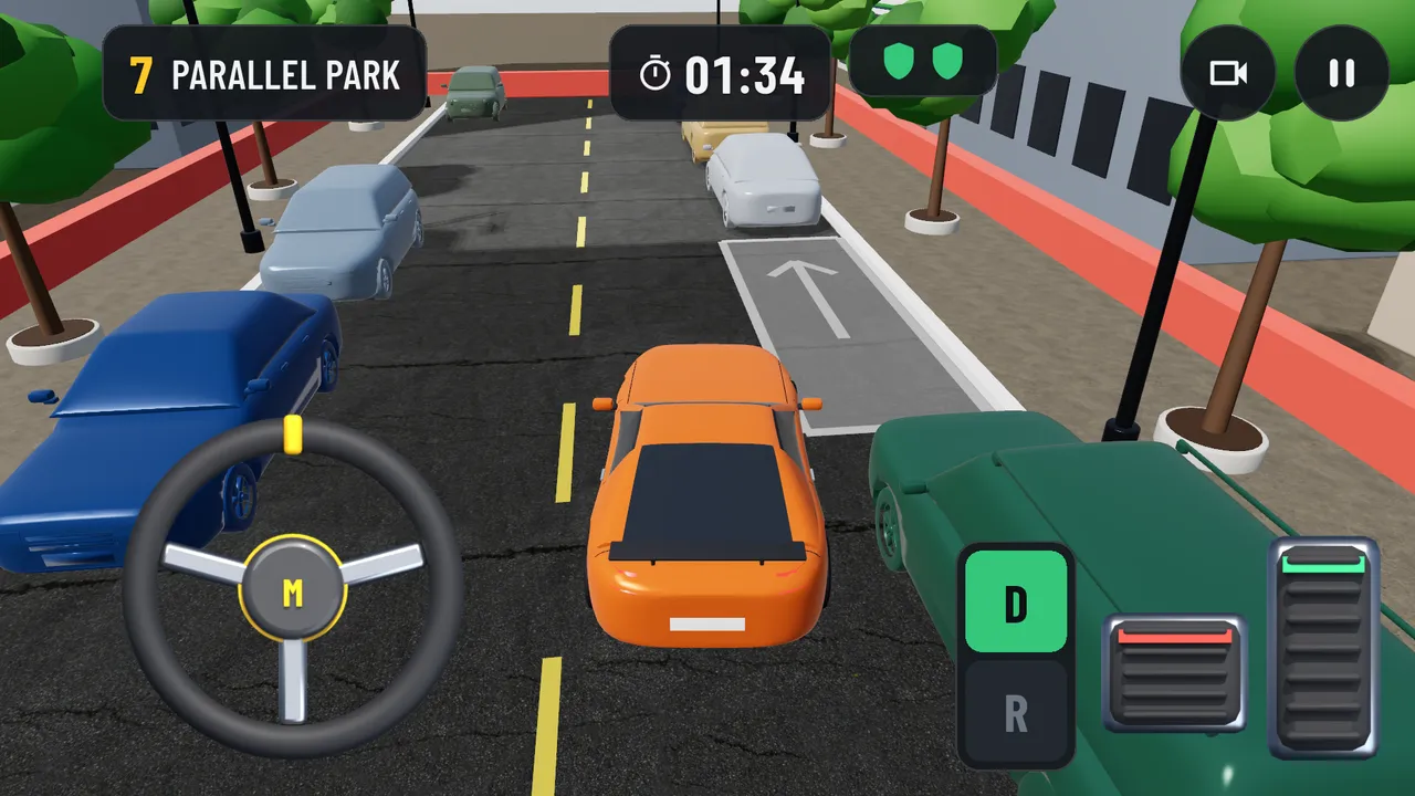 A red sports car reversing into a parking bay